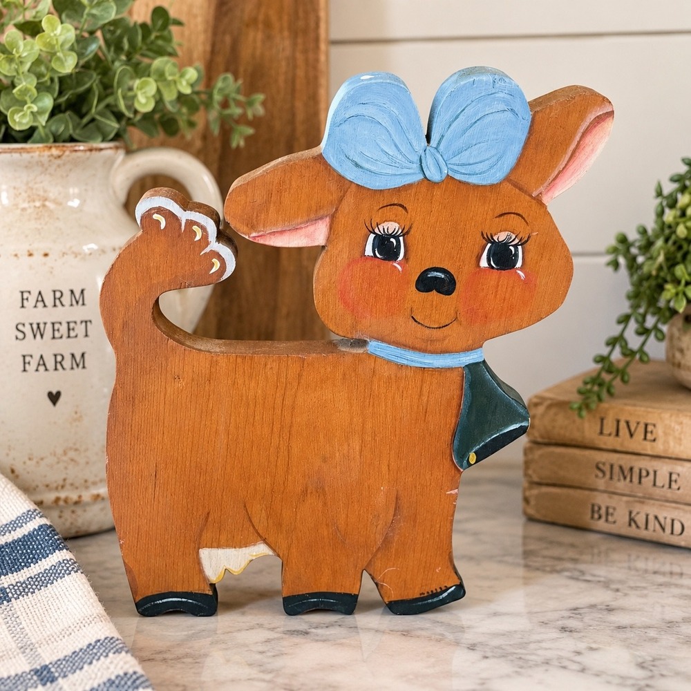 Vintage Hand Painted Wooden Cow Wall Decor Blue Bow Country Farmhouse Folk Art